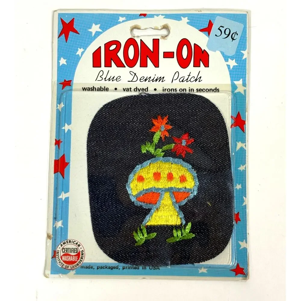 Mushroom Denim Patch 70s Iron-On Embroidered USA New Flower Retro Hippie